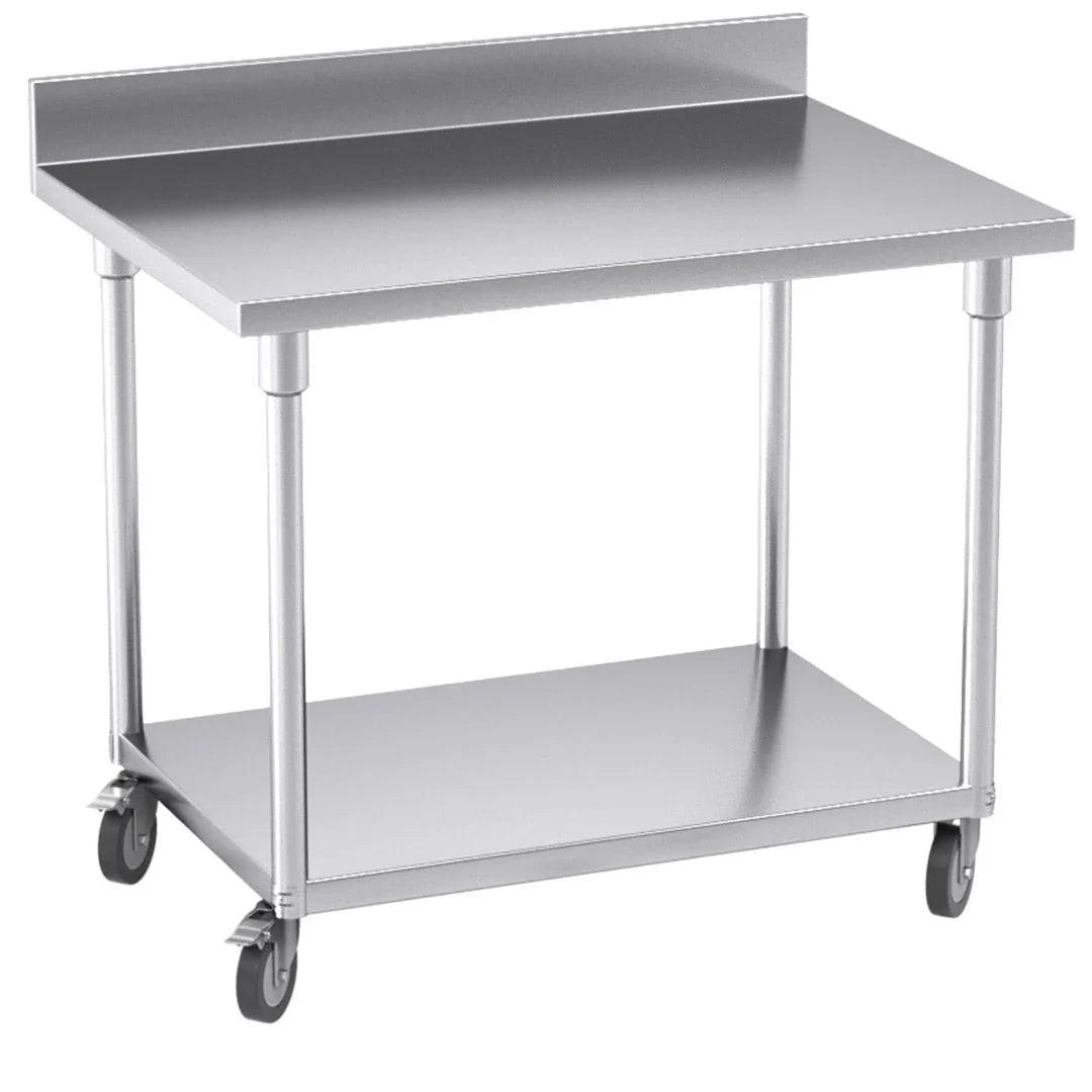 NNEAGS 100cm Catering Kitchen Stainless Steel Prep Work Bench Table with Backsplash and Caster Wheels.