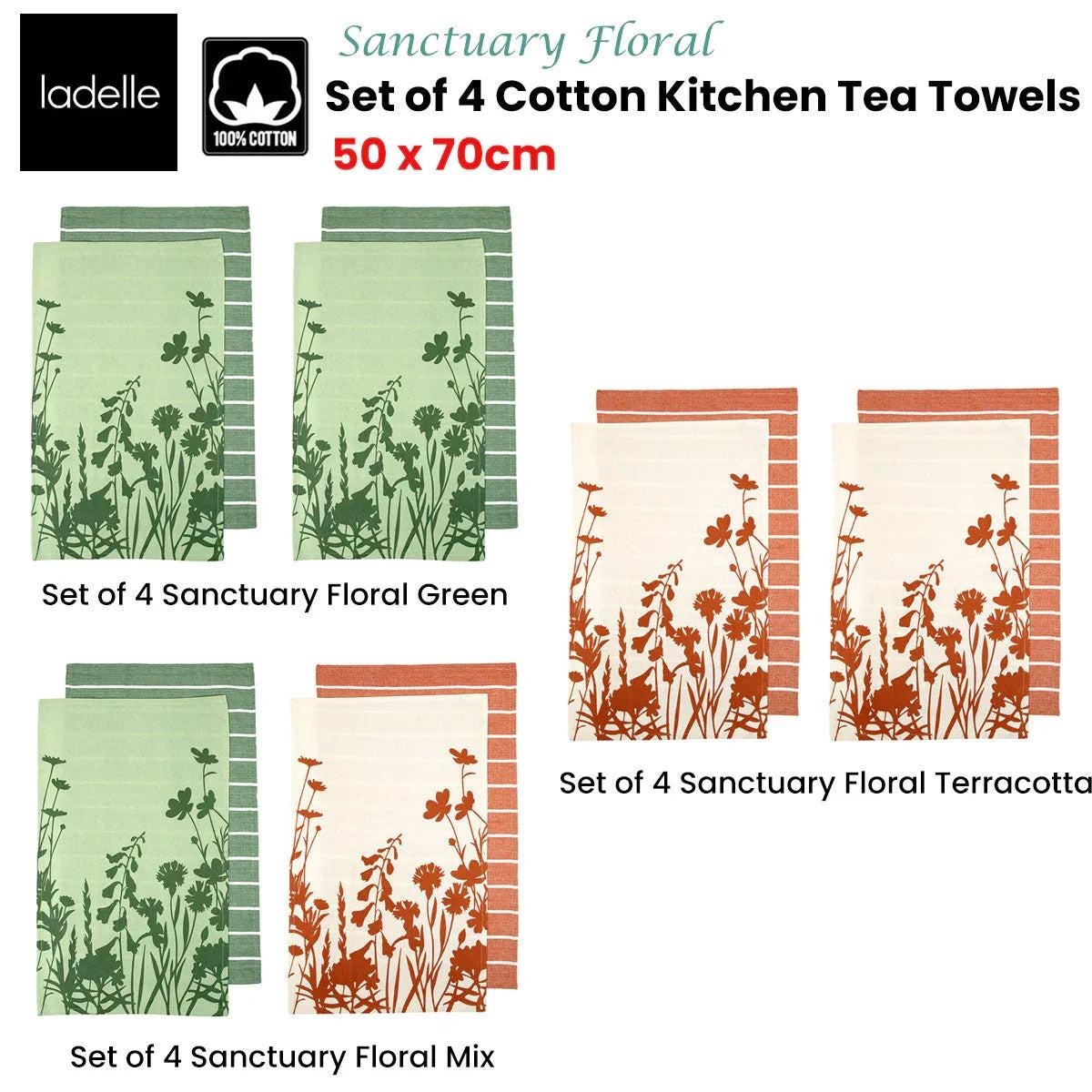 NNEDSZ Set of 4 Sanctuary Floral Cotton Kitchen Tea Towels 50 x 70 cm Mix.