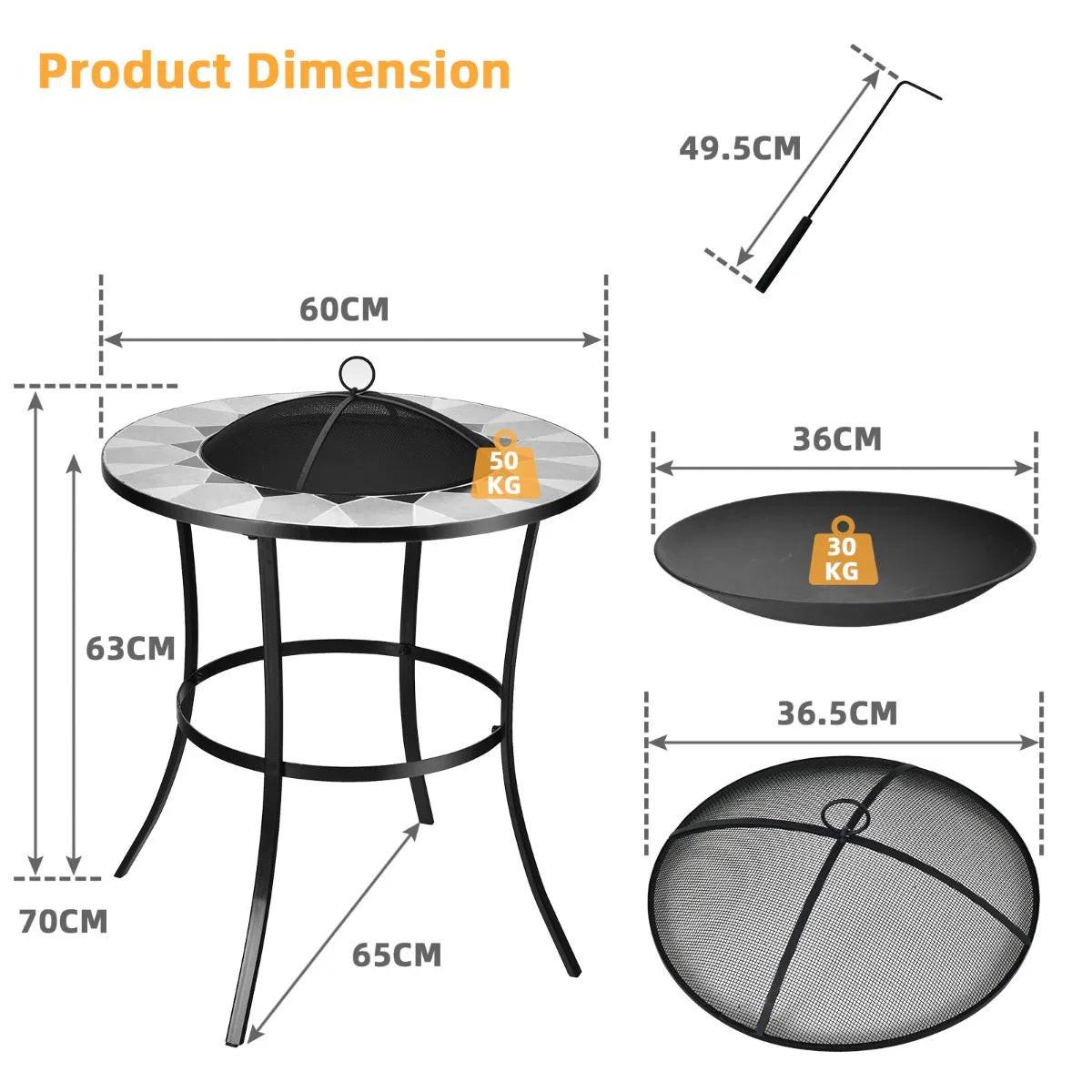 NNECW Outdoor Round Fire Pit Table with Mesh Screen Lid & Fire Poker.