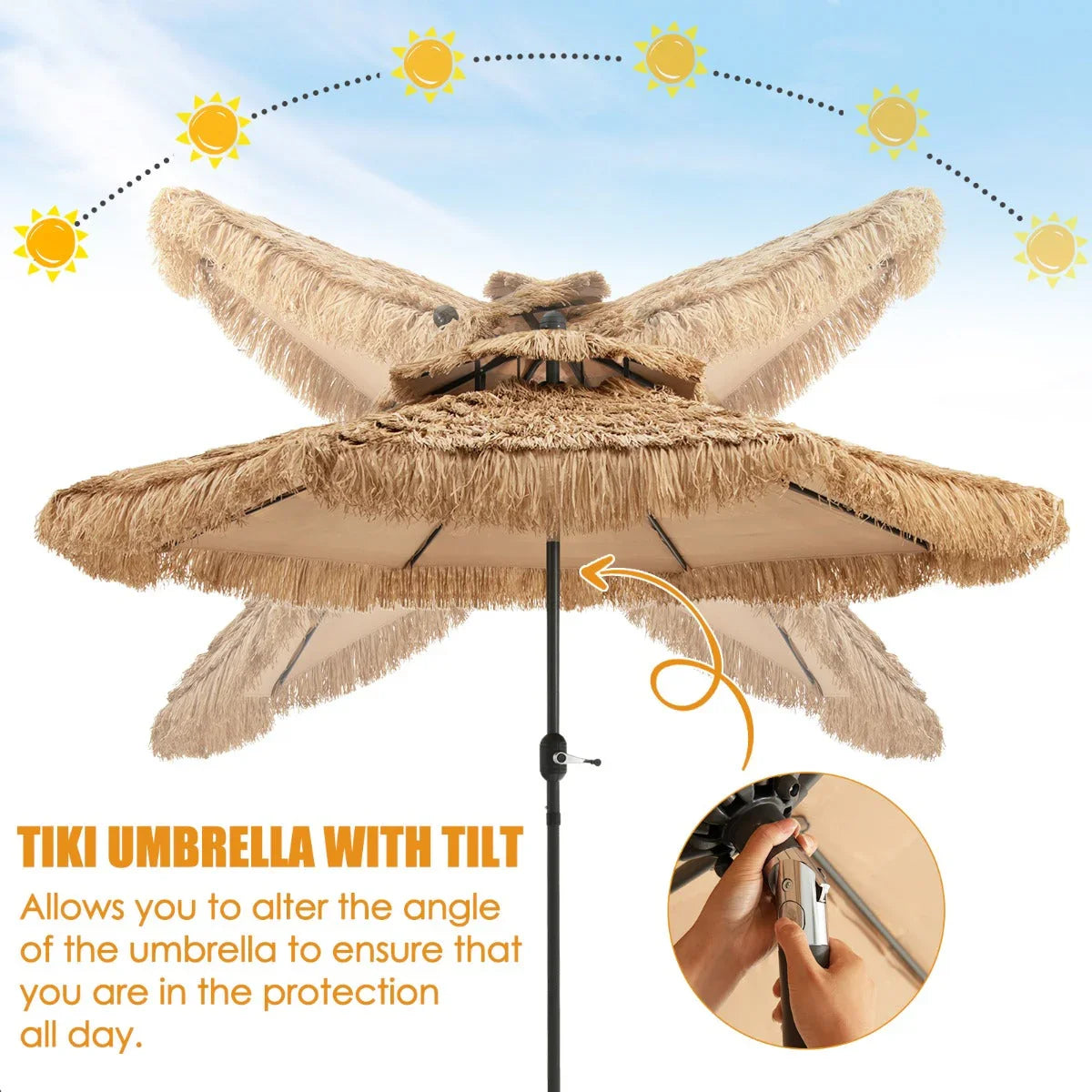 NNECW Thatched Tiki Umbrella with 8 Ribs and Tilt Adjustment.