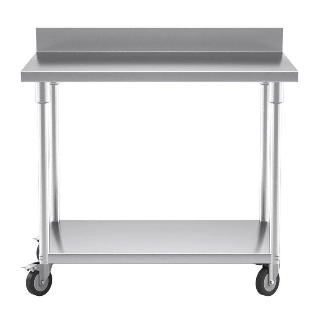 NNEAGS 100cm Catering Kitchen Stainless Steel Prep Work Bench Table with Backsplash and Caster Wheels.