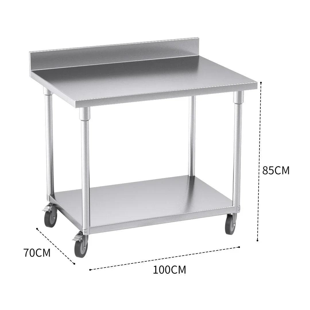 NNEAGS 100cm Catering Kitchen Stainless Steel Prep Work Bench Table with Backsplash and Caster Wheels.