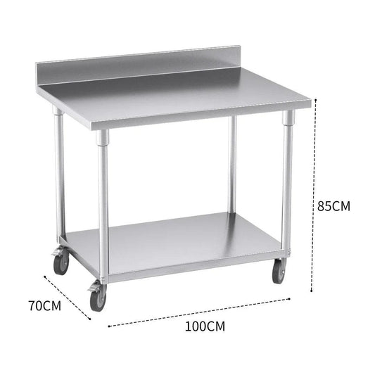 NNEAGS 100cm Catering Kitchen Stainless Steel Prep Work Bench Table with Backsplash and Caster Wheels.