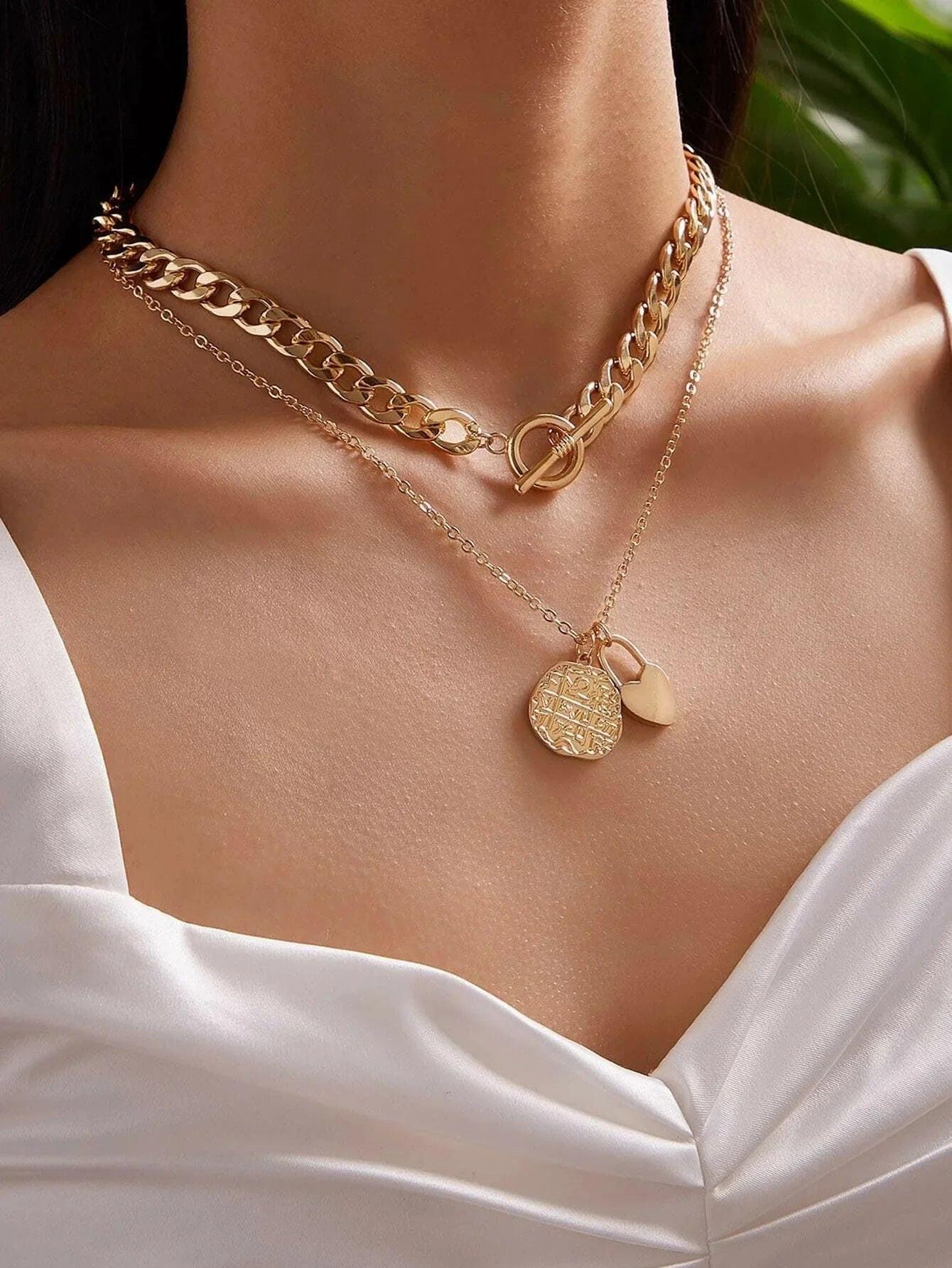 Punk Jewellery Crude Gold Double layer Chain Round Disc Lock Love Heart Necklace.