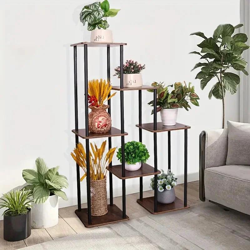 7-Story Indoor Floor Standing Flower Rack - Black Frame Coffee Board.
