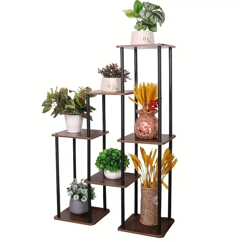 7-Story Indoor Floor Standing Flower Rack - Black Frame Coffee Board.