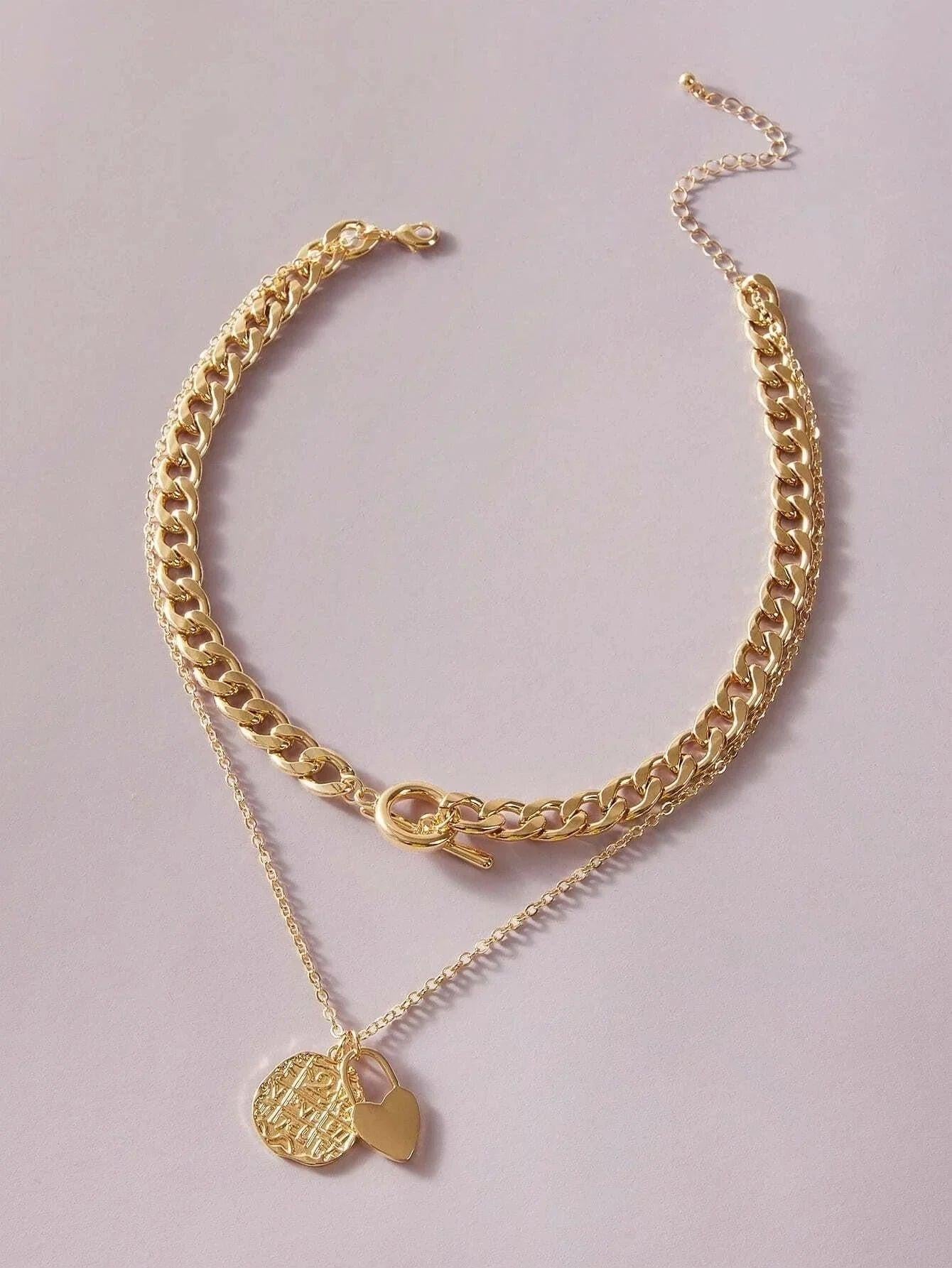 Punk Jewellery Crude Gold Double layer Chain Round Disc Lock Love Heart Necklace.