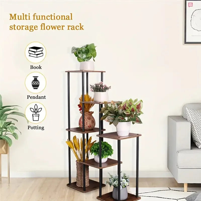 7-Story Indoor Floor Standing Flower Rack - Black Frame Coffee Board.