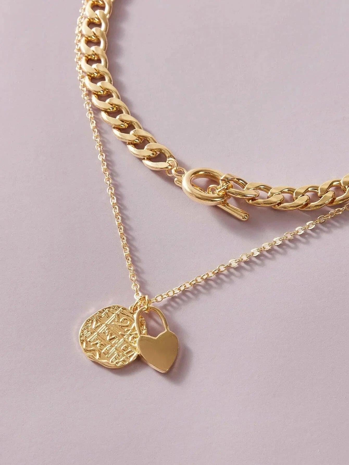 Punk Jewellery Crude Gold Double layer Chain Round Disc Lock Love Heart Necklace.