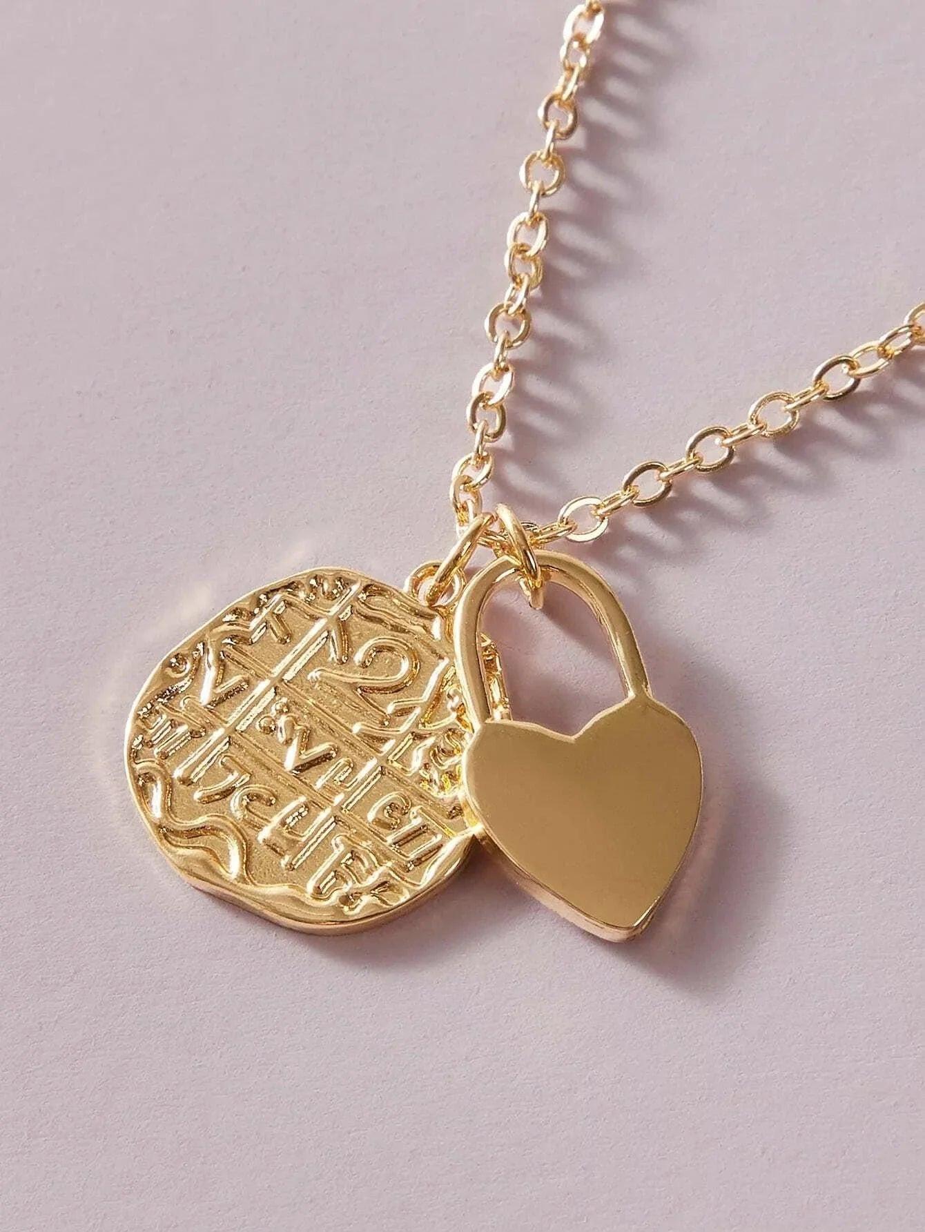 Punk Jewellery Crude Gold Double layer Chain Round Disc Lock Love Heart Necklace.