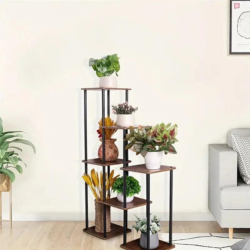 7-Story Indoor Floor Standing Flower Rack - Black Frame Coffee Board.