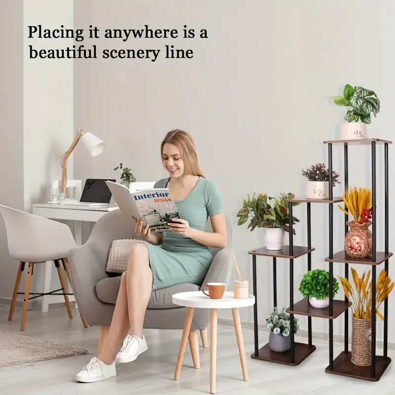 7-Story Indoor Floor Standing Flower Rack - Black Frame Coffee Board.