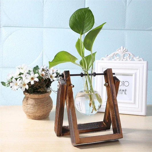 Glass and Wood Vase Planter Terrarium Table Desktop Hydroponics Plant Bonsai Flower Pot Hanging Pots with Wooden Tray Home Decor.
