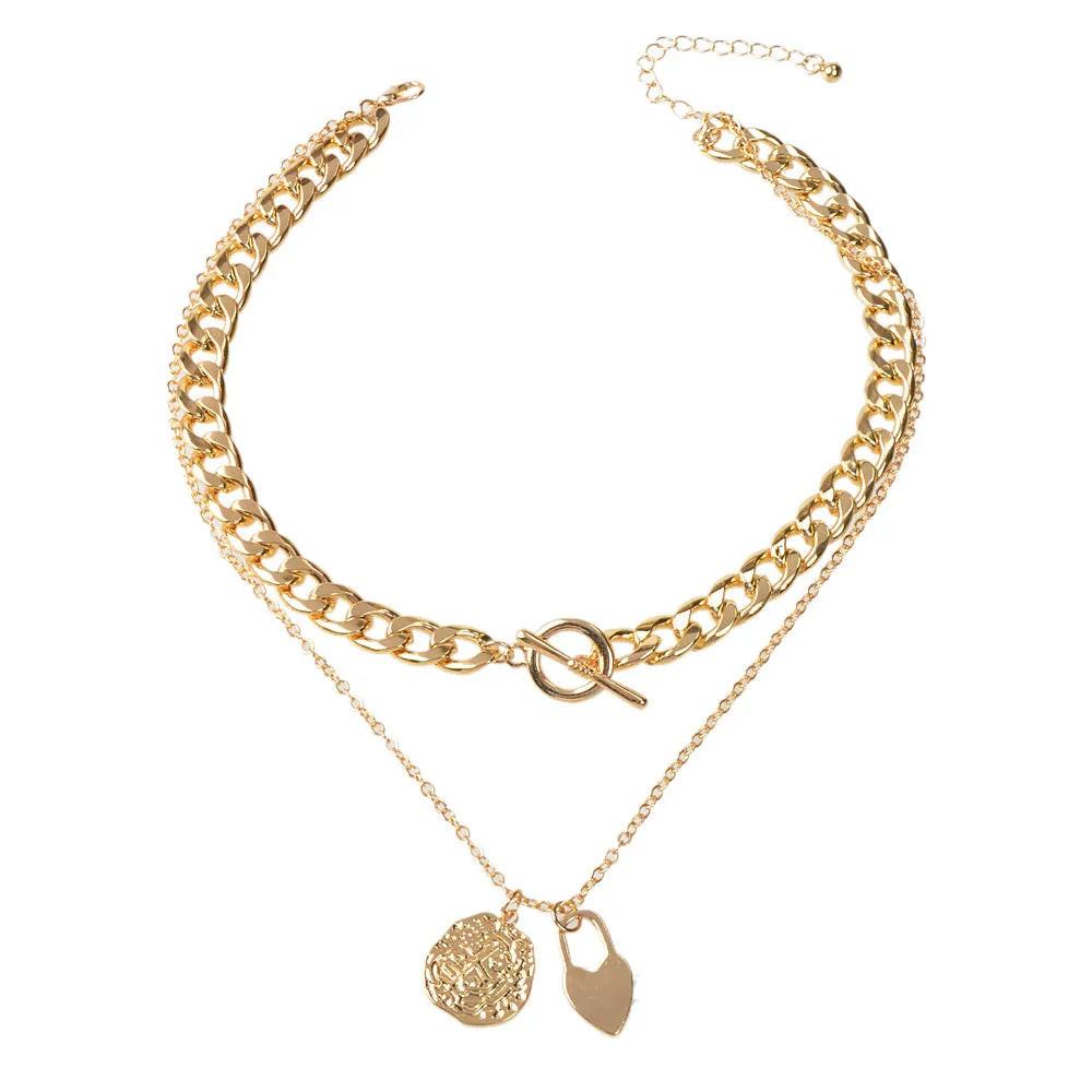 Punk Jewellery Crude Gold Double layer Chain Round Disc Lock Love Heart Necklace.