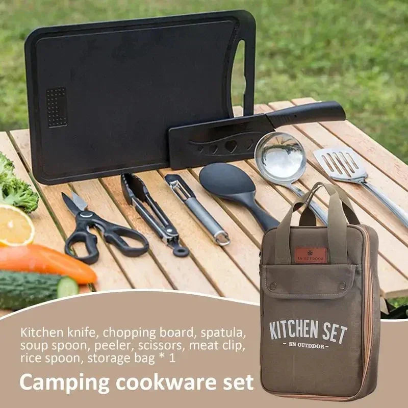 8-Piece Camping Kitchen Cookware Set Khaki.