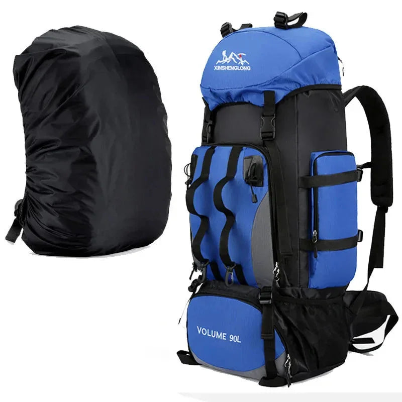 90L Waterproof Camping Backpack with Cover Blue.