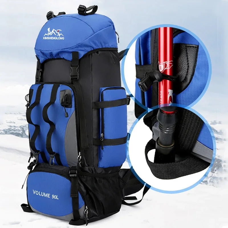90L Waterproof Camping Backpack with Cover Blue.