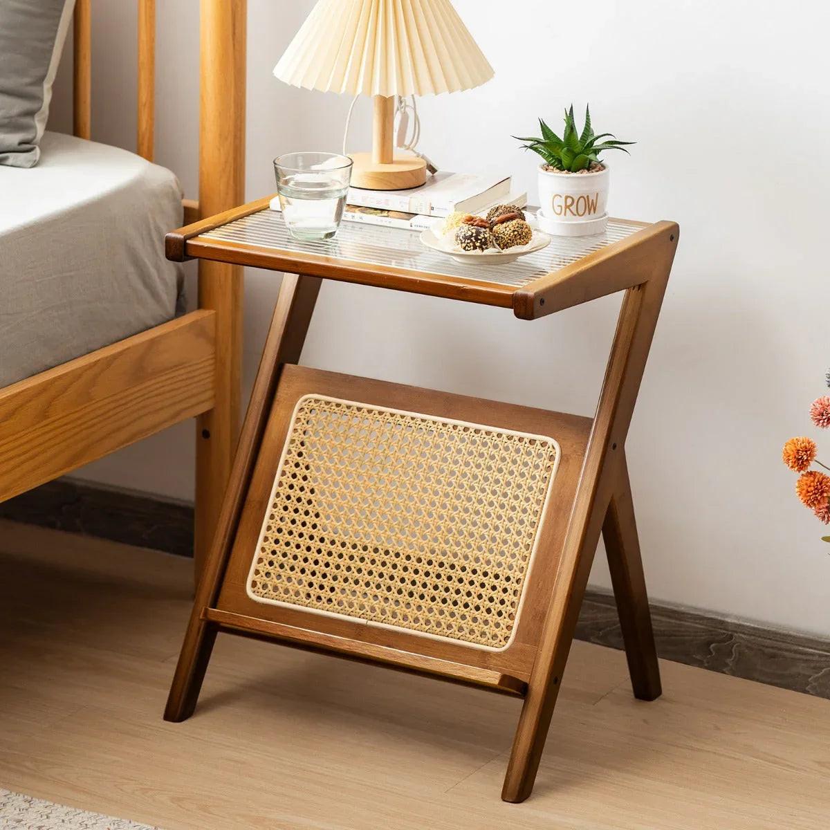 NNECW Z-shaped Boho Bamboo End Table with Tempered Glass Top-Brown.