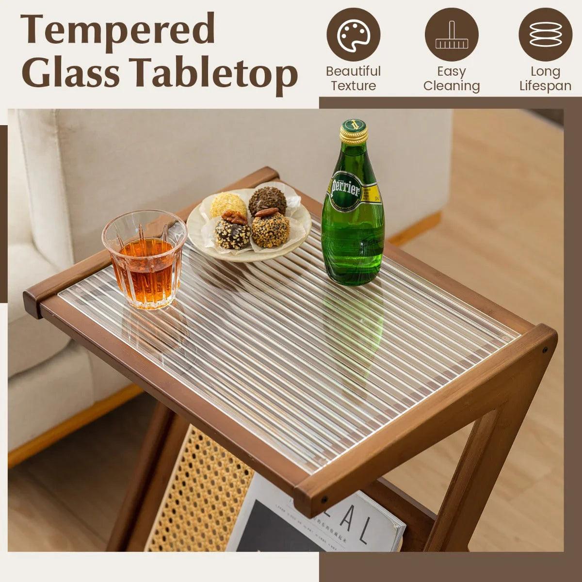 NNECW Z-shaped Boho Bamboo End Table with Tempered Glass Top-Brown.