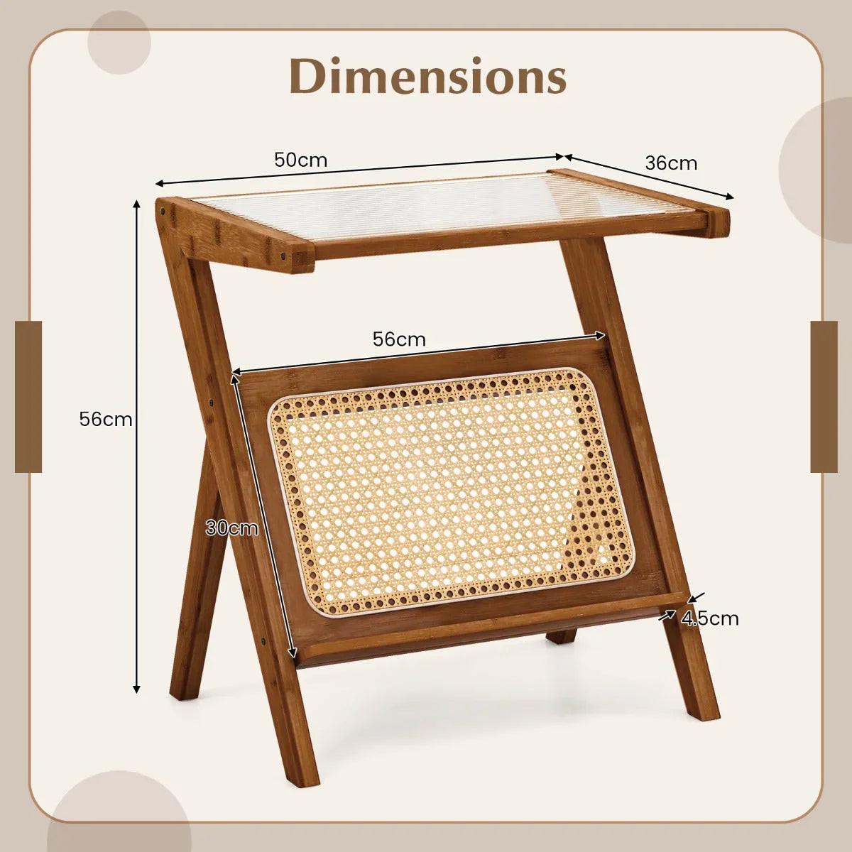 NNECW Z-shaped Boho Bamboo End Table with Tempered Glass Top-Brown.