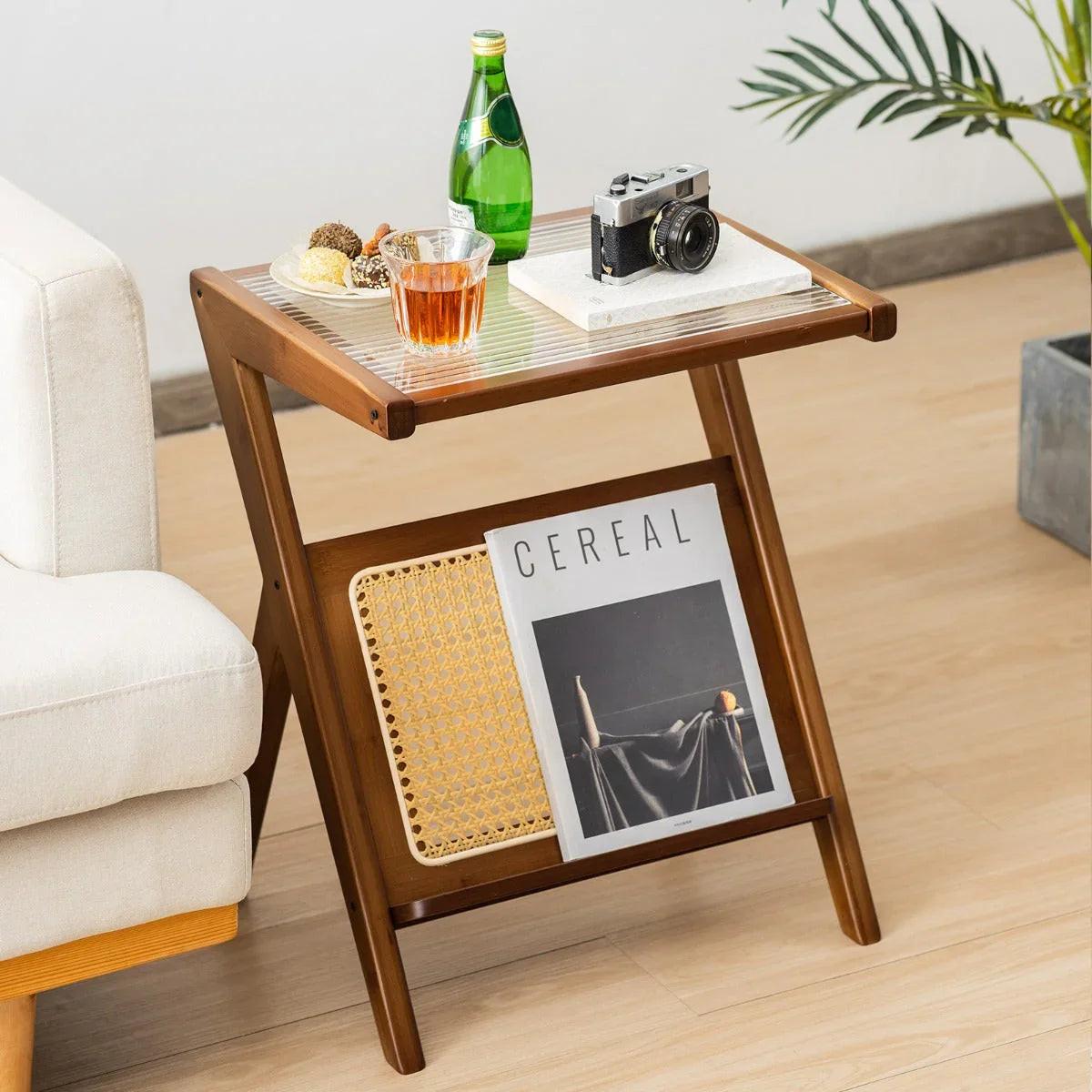 NNECW Z-shaped Boho Bamboo End Table with Tempered Glass Top-Brown.