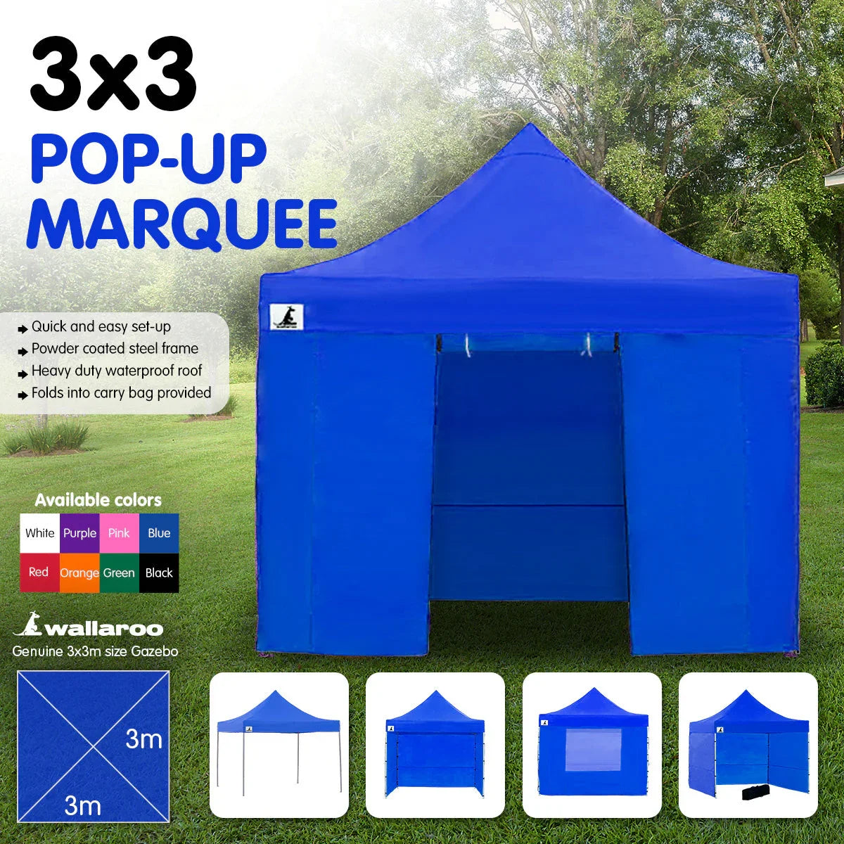 NNEDPE Gazebo Tent Marquee 3x3 PopUp Outdoor Wallaroo - Blue.