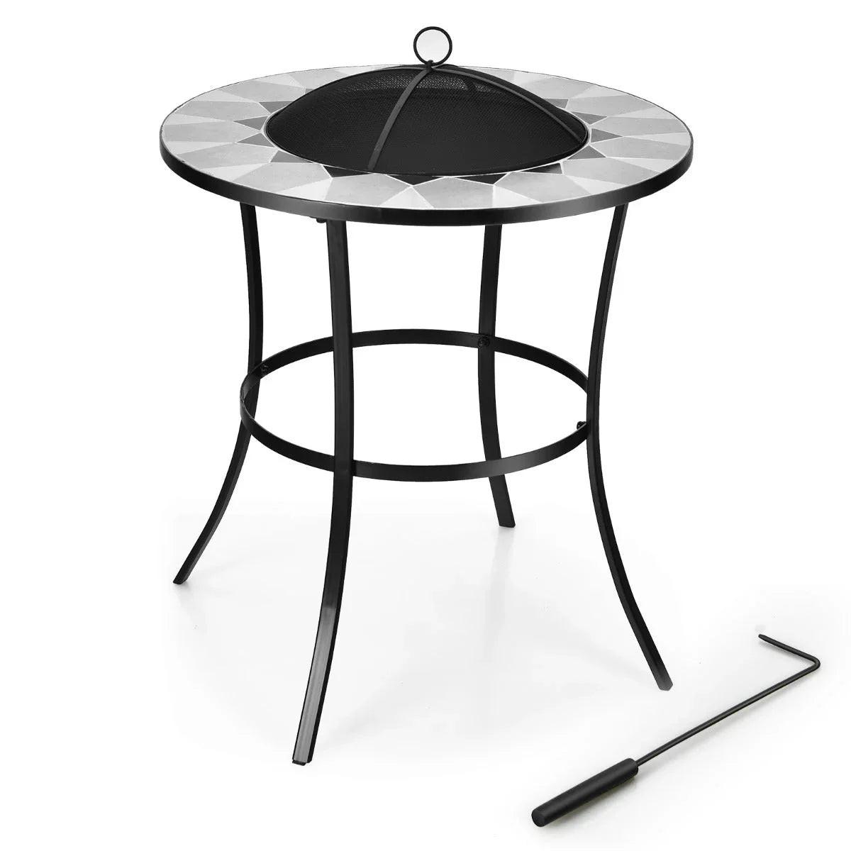 NNECW Outdoor Round Fire Pit Table with Mesh Screen Lid & Fire Poker.