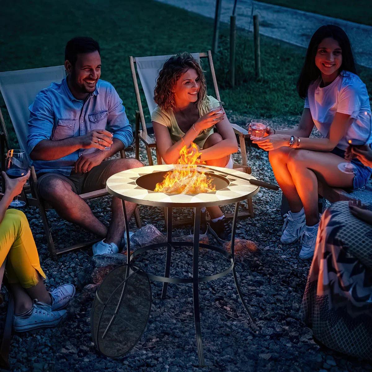 NNECW Outdoor Round Fire Pit Table with Mesh Screen Lid & Fire Poker.
