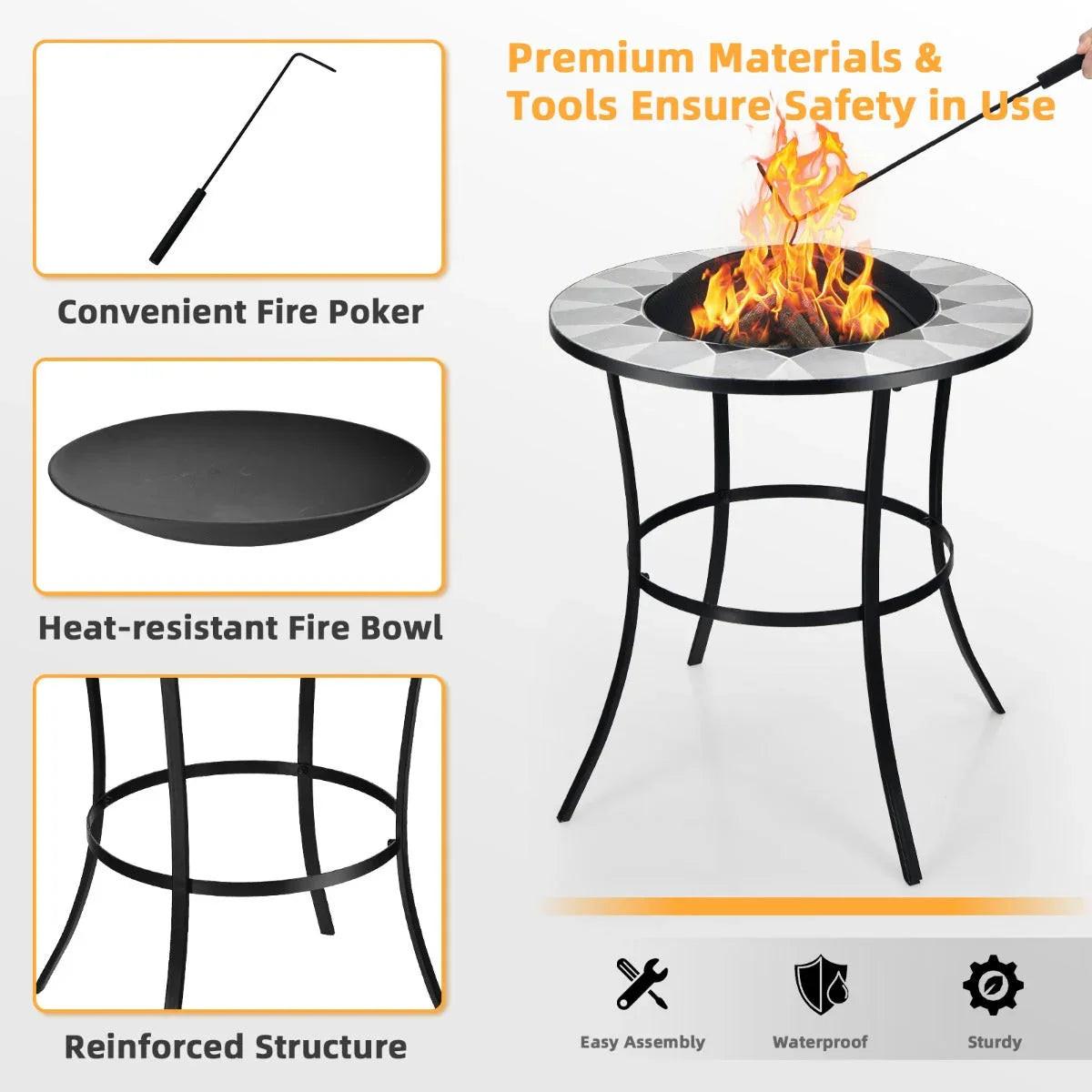 NNECW Outdoor Round Fire Pit Table with Mesh Screen Lid & Fire Poker.